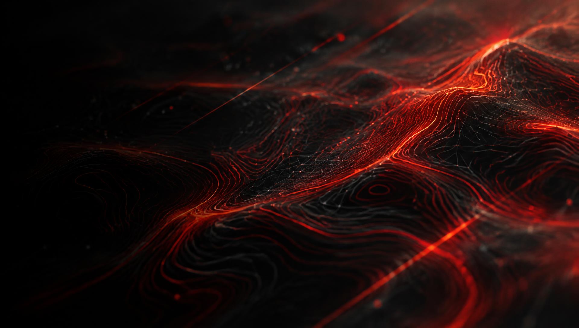 Composición abstracta de curvas de nivel y malla topográfica en rojo sobre fondo oscuro
