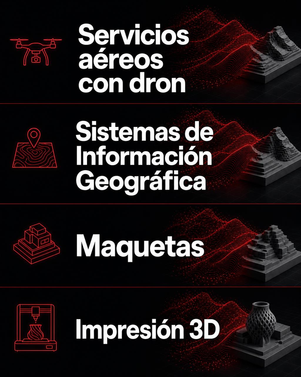 Composición abstracta en rojo, gris y blanco con los cuatro servicios de Optidron: servicios aéreos con dron, sistemas de información geográfica, maquetas e impresión 3D